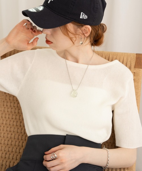 hinari（ヒナリ）の「コンパクトサマーニット（Tシャツ/カットソー・レディース・オレンジ/アイボリー/カーキ・FREE）」の4枚目の写真