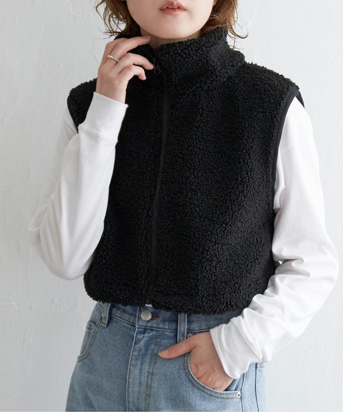 notch.（ノッチ）の「ボアショートベスト（ダウンベスト・レディース・ブラック/オフホワイト/グレー・M）」の3枚目の写真