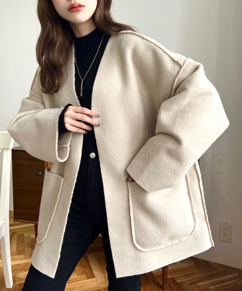 moment+（モーメントプラス）の「リングフェイクウールリバーシブルミドルコート（ノーカラーコート・レディース・グレー/アイボリー/グレイッシュベージュ/ブラック/カーキ・M）」の2枚目の写真