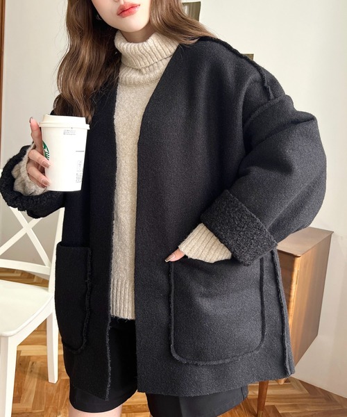 moment+（モーメントプラス）の「リングフェイクウールリバーシブルミドルコート（ノーカラーコート・レディース・グレー/アイボリー/グレイッシュベージュ/ブラック/カーキ・M）」の3枚目の写真