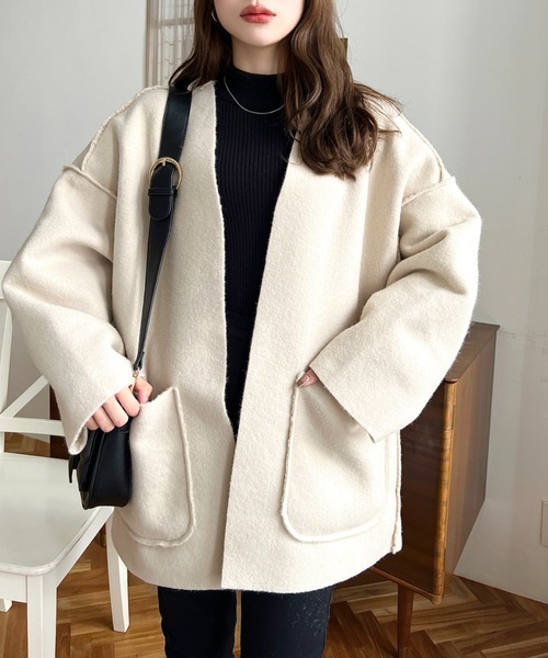 moment+（モーメントプラス）の「リングフェイクウールリバーシブルミドルコート（ノーカラーコート・レディース・グレー/アイボリー/グレイッシュベージュ/ブラック/カーキ・M）」の7枚目の写真