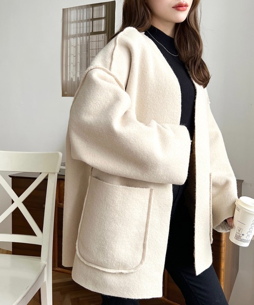 moment+（モーメントプラス）の「リングフェイクウールリバーシブルミドルコート（ノーカラーコート・レディース・グレー/アイボリー/グレイッシュベージュ/ブラック/カーキ・M）」の8枚目の写真