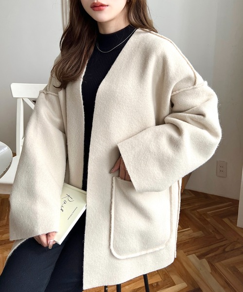 moment+（モーメントプラス）の「リングフェイクウールリバーシブルミドルコート（ノーカラーコート・レディース・グレー/アイボリー/グレイッシュベージュ/ブラック/カーキ・M）」の9枚目の写真