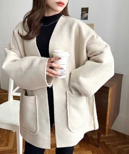 moment+（モーメントプラス）の「リングフェイクウールリバーシブルミドルコート（ノーカラーコート・レディース・グレー/アイボリー/グレイッシュベージュ/ブラック/カーキ・M）」の10枚目の写真