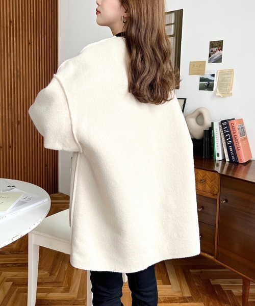 moment+（モーメントプラス）の「リングフェイクウールリバーシブルミドルコート（ノーカラーコート・レディース・グレー/アイボリー/グレイッシュベージュ/ブラック/カーキ・M）」の11枚目の写真