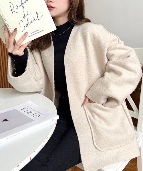 moment+（モーメントプラス）の「リングフェイクウールリバーシブルミドルコート（ノーカラーコート・レディース・グレー/アイボリー/グレイッシュベージュ/ブラック/カーキ・M）」の12枚目の写真