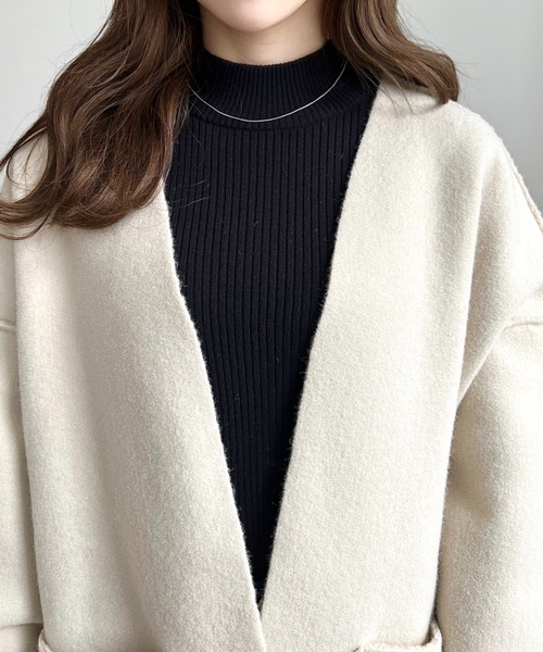 moment+（モーメントプラス）の「リングフェイクウールリバーシブルミドルコート（ノーカラーコート・レディース・グレー/アイボリー/グレイッシュベージュ/ブラック/カーキ・M）」の17枚目の写真