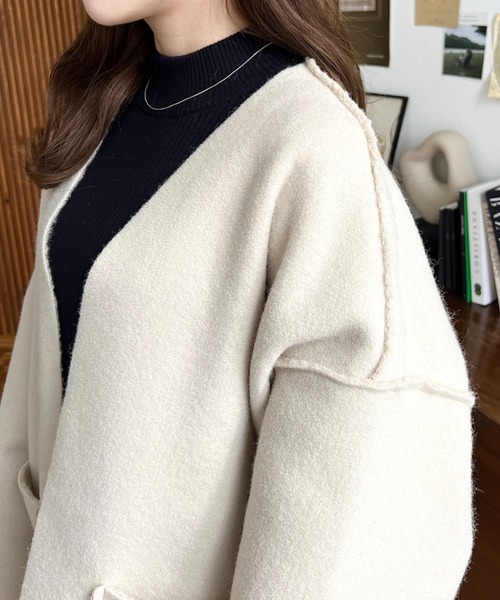 moment+（モーメントプラス）の「リングフェイクウールリバーシブルミドルコート（ノーカラーコート・レディース・グレー/アイボリー/グレイッシュベージュ/ブラック/カーキ・M）」の18枚目の写真