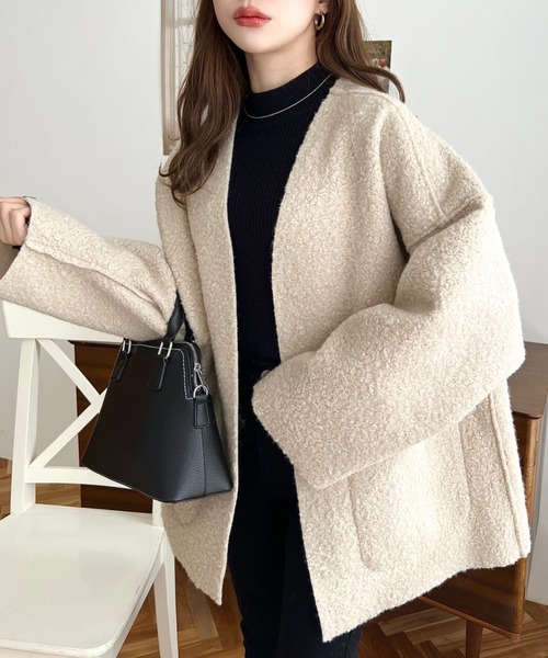 moment+（モーメントプラス）の「リングフェイクウールリバーシブルミドルコート（ノーカラーコート・レディース・グレー/アイボリー/グレイッシュベージュ/ブラック/カーキ・M）」の13枚目の写真