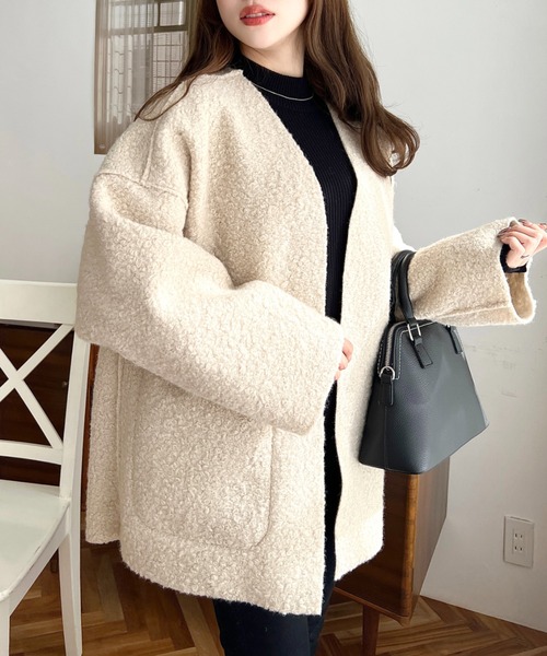 moment+（モーメントプラス）の「リングフェイクウールリバーシブルミドルコート（ノーカラーコート・レディース・グレー/アイボリー/グレイッシュベージュ/ブラック/カーキ・M）」の14枚目の写真