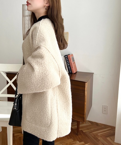 moment+（モーメントプラス）の「リングフェイクウールリバーシブルミドルコート（ノーカラーコート・レディース・グレー/アイボリー/グレイッシュベージュ/ブラック/カーキ・M）」の15枚目の写真