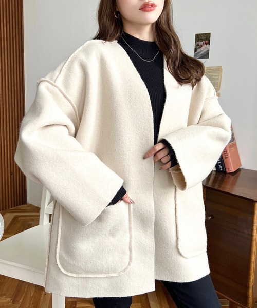 moment+（モーメントプラス）の「リングフェイクウールリバーシブルミドルコート（ノーカラーコート・レディース・グレー/アイボリー/グレイッシュベージュ/ブラック/カーキ・M）」の6枚目の写真