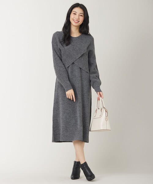 セール】【洗える】クロスレイヤードニット ワンピース（ワンピース