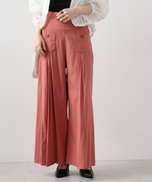 リネンパンツ♡ 赤 カラーパンツ ガウチョパンツ フレア 上品 ブーツに◎ M フレアパンツ センタープレス サイドスリットパンツ サイド