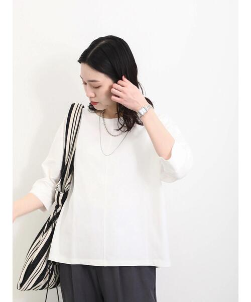 Samansa Mos2 blue(サマンサモスモスブルー)の「【シルキーコットン】ドルマンスリーブプルオーバー(Tシャツ/カットソー・レディース・オフホワイト/ブルー/チャコールグレー・F)」の2枚目の写真
