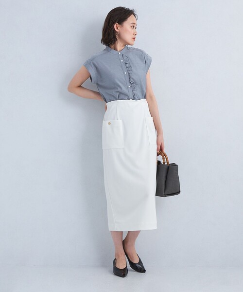 green label relaxing（グリーンレーベルリラクシング）の「フロント フリル フレンチスリーブ ブラウス 2（シャツ/ブラウス・レディース・ネイビー/ホワイト/ライトブルー・FREE）」の7枚目の写真