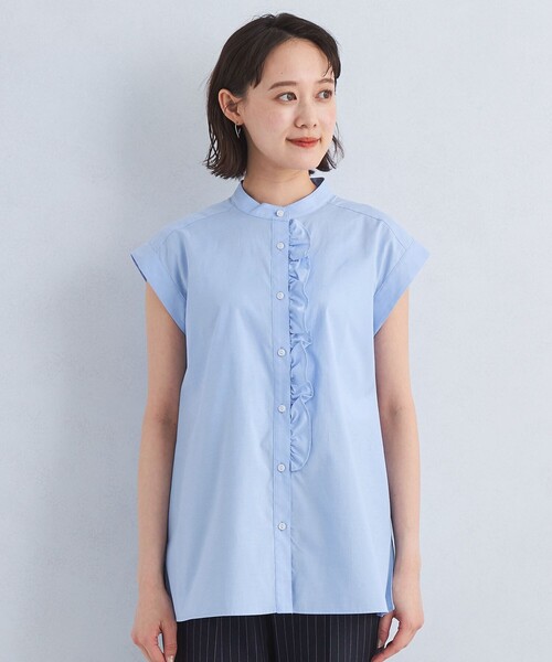 green label relaxing（グリーンレーベルリラクシング）の「フロント フリル フレンチスリーブ ブラウス 2（シャツ/ブラウス・レディース・ネイビー/ホワイト/ライトブルー・FREE）」の9枚目の写真