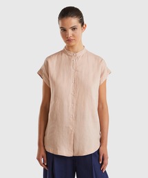 BENETTON (UNITED COLORS OF BENETTON) | リネン100％フレンチスリーブラウンドヘムバンドカラーシャツ・ブラウス(シャツ/ブラウス)