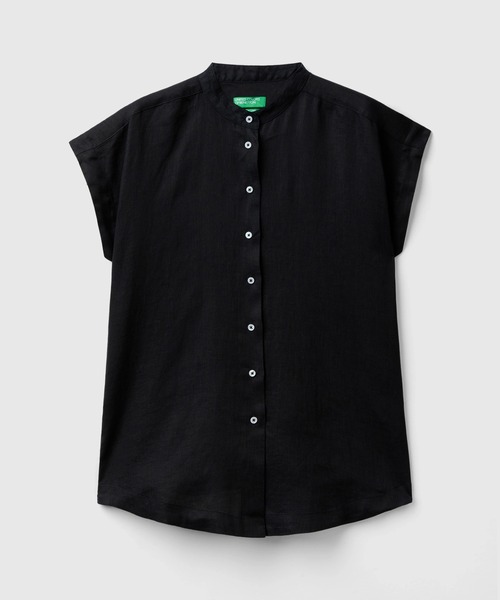 BENETTON (UNITED COLORS OF BENETTON)（ベネトンユナイテッドカラーズオブベネトン）の「リネン100％フレンチスリーブラウンドヘムバンドカラーシャツ・ブラウス（シャツ/ブラウス・レディース・ピンクベージュ/カーキ/ブラック・SMALL/X-SMALL/MEDIUM/XX-SMALL）」の7枚目の写真