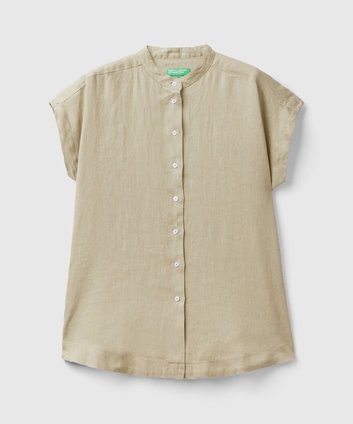 BENETTON (UNITED COLORS OF BENETTON)（ベネトンユナイテッドカラーズオブベネトン）の「リネン100％フレンチスリーブラウンドヘムバンドカラーシャツ・ブラウス（シャツ/ブラウス・レディース・ピンクベージュ/カーキ/ブラック・SMALL/X-SMALL/MEDIUM/XX-SMALL）」の11枚目の写真