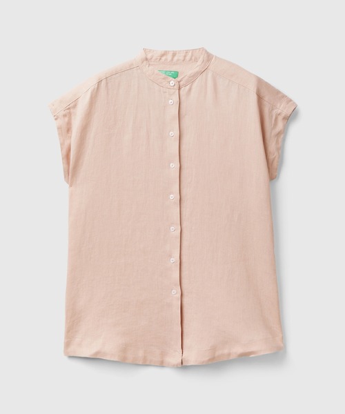 BENETTON (UNITED COLORS OF BENETTON)（ベネトンユナイテッドカラーズオブベネトン）の「リネン100％フレンチスリーブラウンドヘムバンドカラーシャツ・ブラウス（シャツ/ブラウス・レディース・ピンクベージュ/カーキ/ブラック・SMALL/X-SMALL/MEDIUM/XX-SMALL）」の15枚目の写真