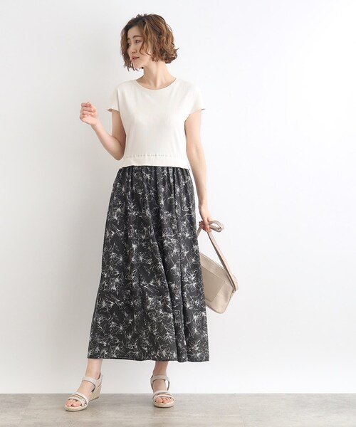 高価値セリー セール】リブジャージ×花柄スカートドッキングワンピース ワンピース