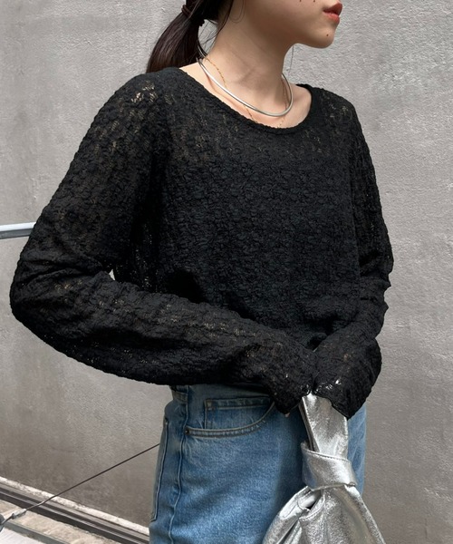 CIAOPANIC TYPY（チャオパニックティピー）の「【新色登場】フラワージャガード風レーストップス（Tシャツ/カットソー・レディース・ホワイト/アイボリー/ブラック/カーキ/サックスブルー/オレンジ・ONE SIZE）」の10枚目の写真