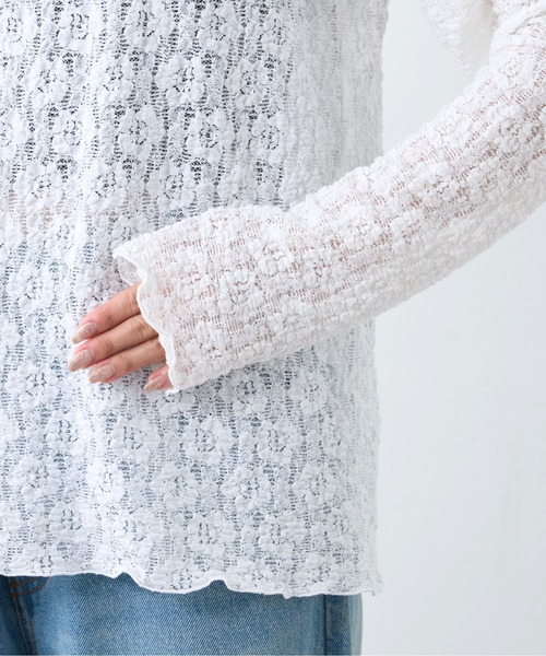 CIAOPANIC TYPY（チャオパニックティピー）の「【新色登場】フラワージャガード風レーストップス（Tシャツ/カットソー・レディース・ホワイト/アイボリー/ブラック/カーキ/サックスブルー/オレンジ・ONE SIZE）」の16枚目の写真