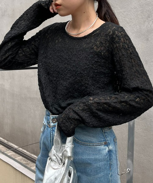 CIAOPANIC TYPY（チャオパニックティピー）の「【新色登場】フラワージャガード風レーストップス（Tシャツ/カットソー・レディース・ホワイト/アイボリー/ブラック/カーキ/サックスブルー/オレンジ・ONE SIZE）」の9枚目の写真