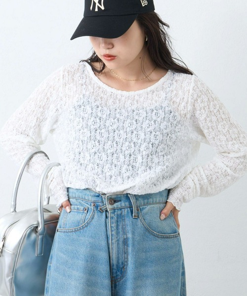 CIAOPANIC TYPY（チャオパニックティピー）の「【新色登場】フラワージャガード風レーストップス（Tシャツ/カットソー・レディース・ホワイト/アイボリー/ブラック/カーキ/サックスブルー/オレンジ・ONE SIZE）」の12枚目の写真