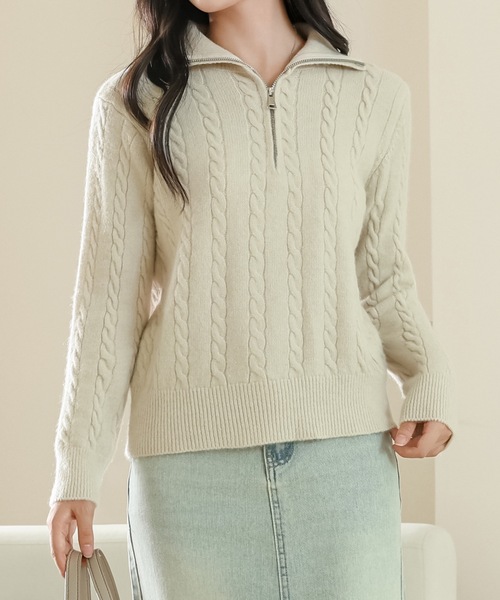 Lace Ladies(レースレディース)の「ハーフジップ ケーブル ニット 長袖 プルオーバー(ニット/セーター・レディース・ベージュ/ピンク/グレー/ブラック・FREE)」の3枚目の写真