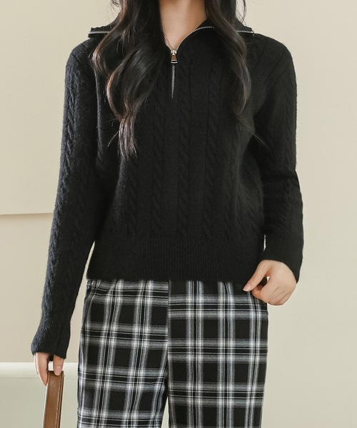 Lace Ladies(レースレディース)の「ハーフジップ ケーブル ニット 長袖 プルオーバー(ニット/セーター・レディース・ベージュ/ピンク/グレー/ブラック・FREE)」の8枚目の写真