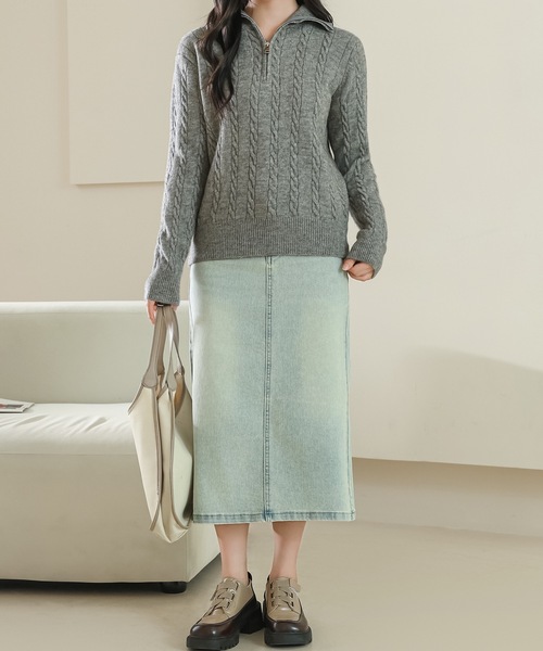 Lace Ladies(レースレディース)の「ハーフジップ ケーブル ニット 長袖 プルオーバー(ニット/セーター・レディース・ベージュ/ピンク/グレー/ブラック・FREE)」の10枚目の写真