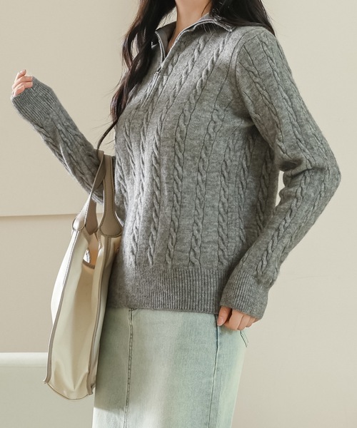 Lace Ladies(レースレディース)の「ハーフジップ ケーブル ニット 長袖 プルオーバー(ニット/セーター・レディース・ベージュ/ピンク/グレー/ブラック・FREE)」の11枚目の写真