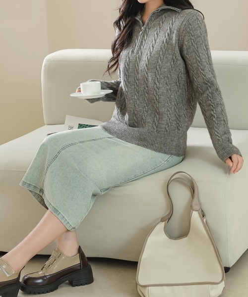 Lace Ladies(レースレディース)の「ハーフジップ ケーブル ニット 長袖 プルオーバー(ニット/セーター・レディース・ベージュ/ピンク/グレー/ブラック・FREE)」の13枚目の写真