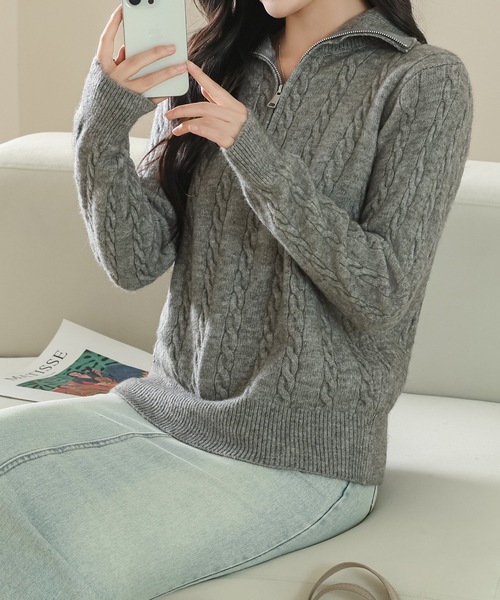 Lace Ladies(レースレディース)の「ハーフジップ ケーブル ニット 長袖 プルオーバー(ニット/セーター・レディース・ベージュ/ピンク/グレー/ブラック・FREE)」の14枚目の写真