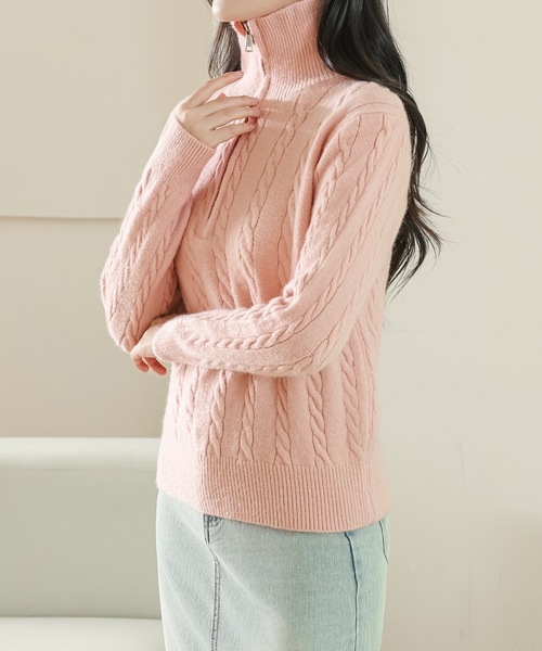 Lace Ladies(レースレディース)の「ハーフジップ ケーブル ニット 長袖 プルオーバー(ニット/セーター・レディース・ベージュ/ピンク/グレー/ブラック・FREE)」の15枚目の写真