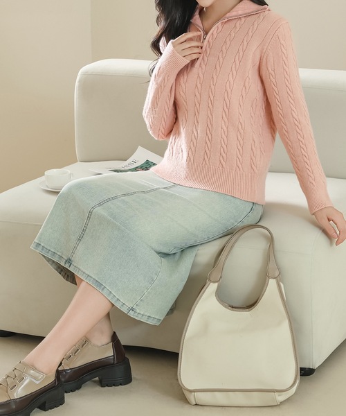 Lace Ladies(レースレディース)の「ハーフジップ ケーブル ニット 長袖 プルオーバー(ニット/セーター・レディース・ベージュ/ピンク/グレー/ブラック・FREE)」の16枚目の写真