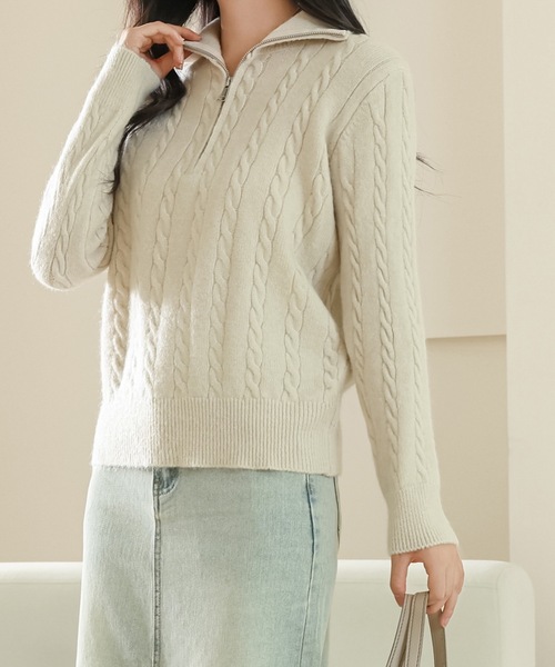 Lace Ladies(レースレディース)の「ハーフジップ ケーブル ニット 長袖 プルオーバー(ニット/セーター・レディース・ベージュ/ピンク/グレー/ブラック・FREE)」の21枚目の写真