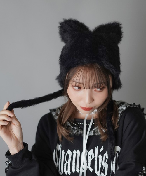 SPINNS（スピンズ）の「ねこ耳ファーニットキャップ（ニットキャップ/ビーニー・レディース・ホワイト/ブラック/グレー・ONESIZE）」の7枚目の写真