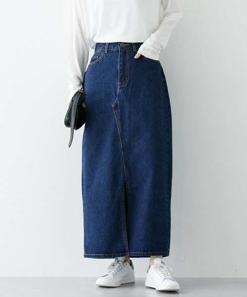 nissen（ニッセン）の「フロントスリットデニムスカート（スカート・レディース・ネイビー/ブルー・LL/S/M/L）」の3枚目の写真