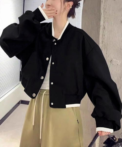 Miniministore(ミニミニストア)の「ライトクロップドブルゾンレディース韓国風(ブルゾン・レディース・アイボリー/ブラック/ピンク・FREE)」の1枚目の写真