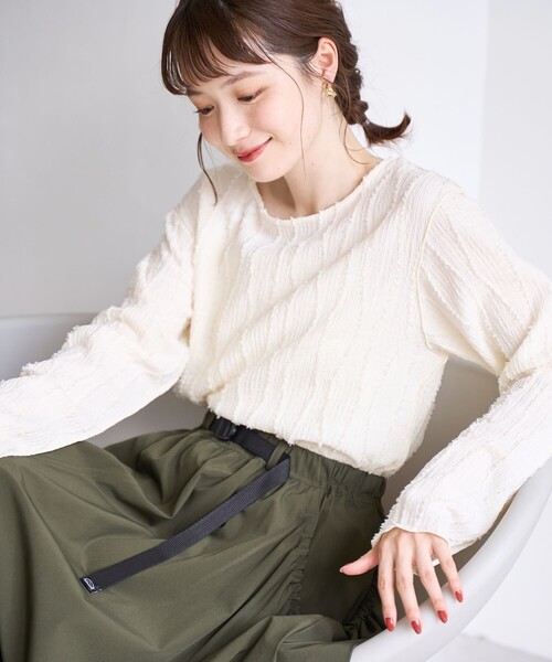 coen(コーエン)の「【再入荷・新色登場】ウェーブデザイン カットジャガード クルーネックTシャツ(Tシャツ/カットソー・レディース・オフホワイト/クリーム/ブラック/ライトブルー・M/L)」の2枚目の写真