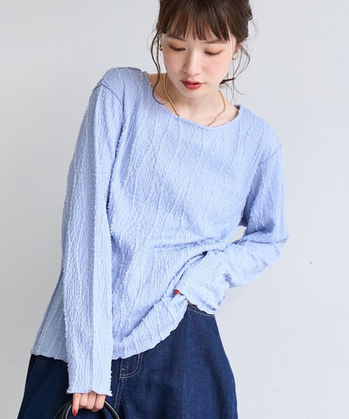 coen(コーエン)の「【再入荷・新色登場】ウェーブデザイン カットジャガード クルーネックTシャツ(Tシャツ/カットソー・レディース・オフホワイト/クリーム/ブラック/ライトブルー・M/L)」の1枚目の写真
