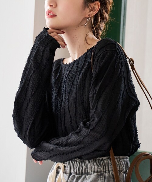 coen(コーエン)の「【再入荷・新色登場】ウェーブデザイン カットジャガード クルーネックTシャツ(Tシャツ/カットソー・レディース・オフホワイト/クリーム/ブラック/ライトブルー・M/L)」の3枚目の写真