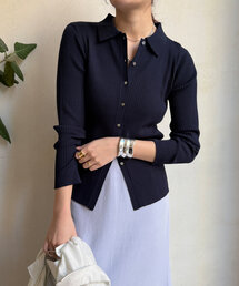 襟付きリブニットトップス