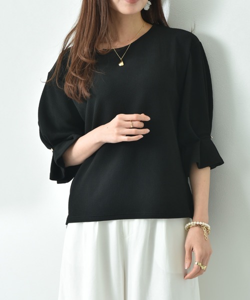 INTERPLANET（インタープラネット）の「フクレジャガード袖口タックデザインプルオーバー（Tシャツ/カットソー・レディース・オフホワイト/ブラック/ライトグレー・FREE）」の6枚目の写真