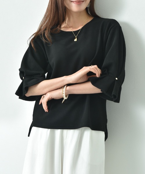 INTERPLANET（インタープラネット）の「フクレジャガード袖口タックデザインプルオーバー（Tシャツ/カットソー・レディース・オフホワイト/ブラック/ライトグレー・FREE）」の10枚目の写真