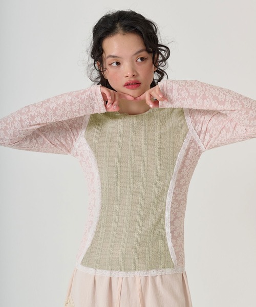 TINA:JOJUN(ティーナジョジュン)の「異素材パネルデザイン ロンT TINA:JOJUN(Tシャツ/カットソー・レディース・カーキ/ベビーピンク・M)」の3枚目の写真