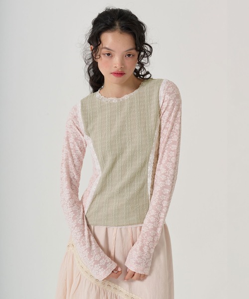 TINA:JOJUN(ティーナジョジュン)の「異素材パネルデザイン ロンT TINA:JOJUN(Tシャツ/カットソー・レディース・カーキ/ベビーピンク・M)」の4枚目の写真